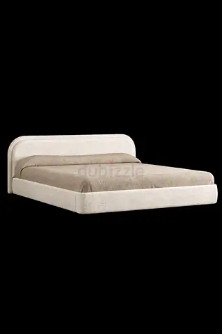 Low-profile upholstered queen Size bed frame with rounded headboard — beige