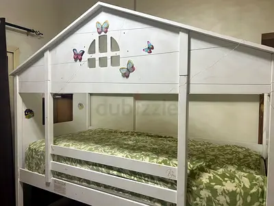 White Wooden Kids House -Bunk Bed - Double with two comfortable mattresses