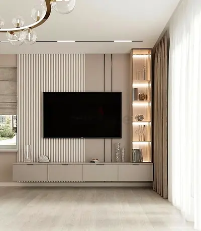 Modern wall-mounted entertainment center with built-in shelving (light beige)
