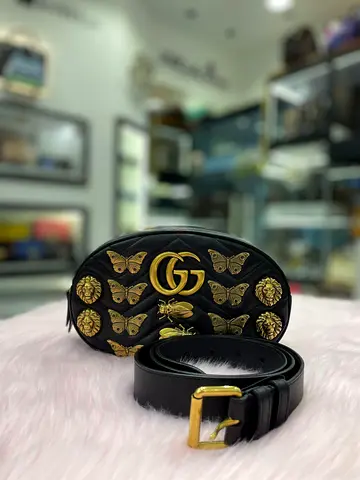 Gucci GG Marmont Black Leather  Animal Stud Belt Bag (Authentic/PreOwned)