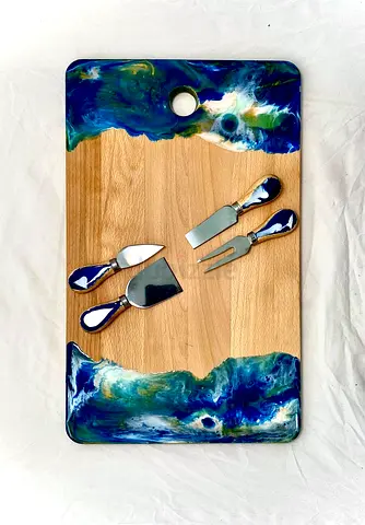 Handmade Resin  Wood Cheese/Serving Board with 4-Piece Cheese Knife Set