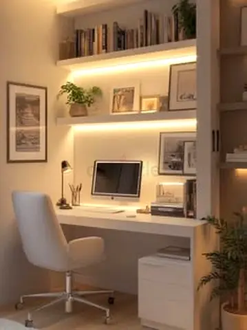 Minimal Built-in Home Office Desk with Floating Shelves and Storage Drawer