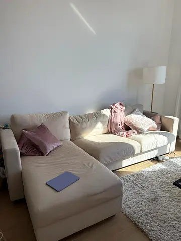 Light beige L-shaped sectional sofa with chaise - good condition