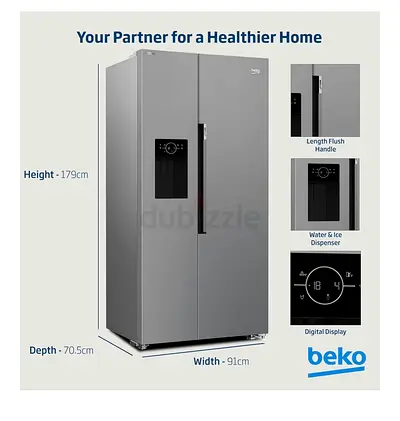 Beko Side-by-Side Refrigerator with Water  Ice Dispenser - 179cm Height