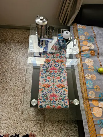 Glass Coffee Table with Floral Runner (Good Condition)