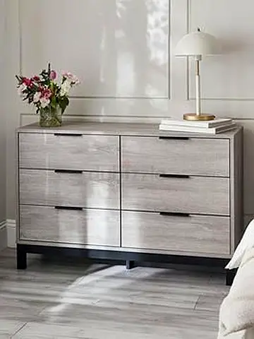 Light Grey 6-Drawer Wooden Dresser with Black Base