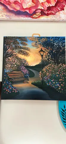 Framed Oil-Style Painting of Park Bench and Lamp Post (Ready to Hang)