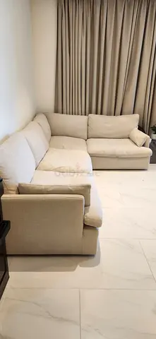 Beige L-shaped Corner Sofa - Comfortable 3-seater (Good Condition but needs cleaning)