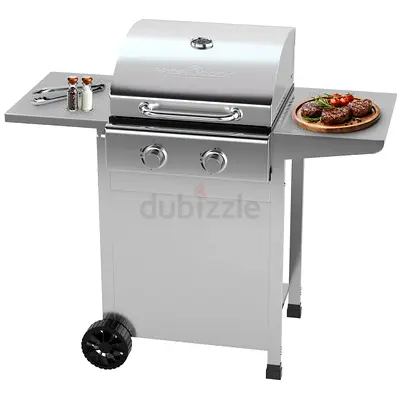 Portable 2-Burner Stainless Steel Gas BBQ Grill with Side Shelves