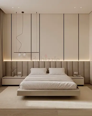 Modern Minimalist King Bed with Built-in Headboard and Nightstands