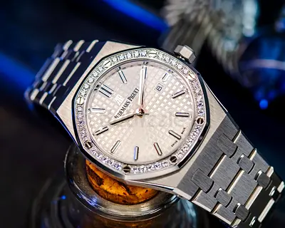 Audemars Piguet Royal Oak stainless steel watch with diamond bezel supar master