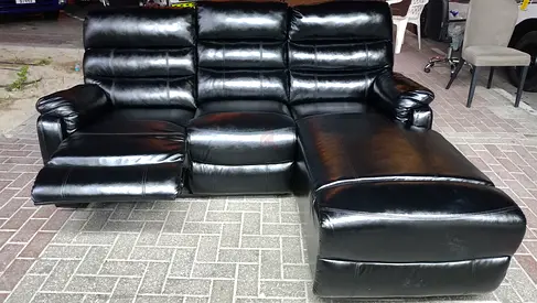 Black 3-Seater Leather Recliner Sofa with Chaise (Good Condition)