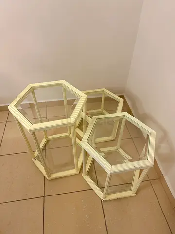 Set of 3 Hexagonal Glass Display Stands / Side Tables - Cream Metal Frame