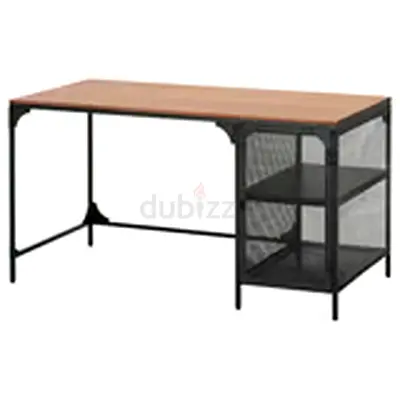 IKEA Industrial Metal Frame Office Desk with Shelving - Light Wood Top