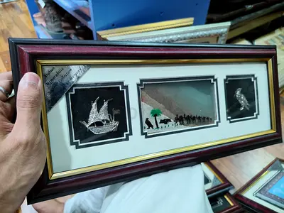 Framed Silver Folk Art Panel with Dhow, Camel Caravan and Falcon (Handcrafted) 38*16cm