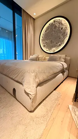 King-size upholstered platform bed with headboard , mattress  topper