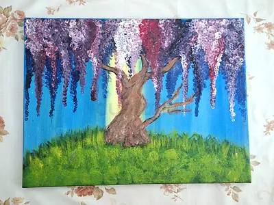 Original Acrylic / Golden Sparkles Painting - Magical Wisteria Blossoms - on Canvas