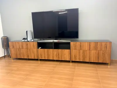 IKEA BESTA TV entertainment cabinet with storage (walnut finish, smokey grey glass top)