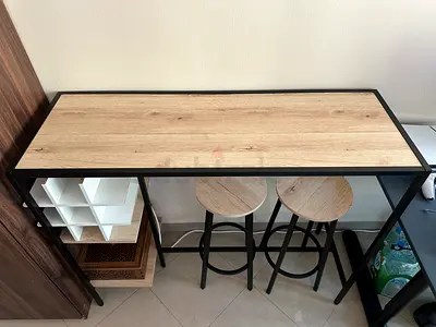 Slim Bar Table with 2 Matching Stools — Wood Top  Black Metal Frame
