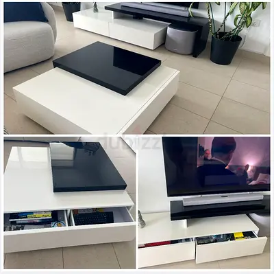 Low TV unit with storage and white gloss coffee table with storage