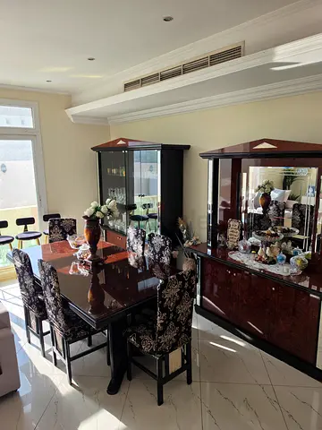 Wooden Dining Table with 6 Upholstered Chairs and 2 Display Cabinets glass /mirror