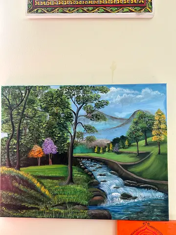 Framed Landscape Oil Painting of River and Trees