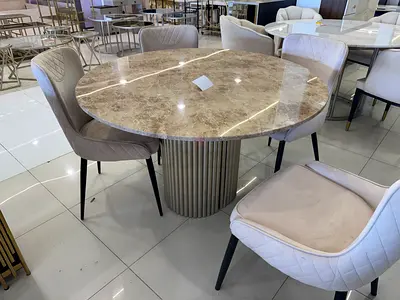 Round Marble Dining Table with 4 Upholstered Chairs 120cm
