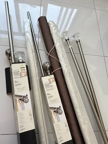 Set of 2 Stainless Steel Curtain Rods with Crystal Finials – New in Box , 9pc curtain rod