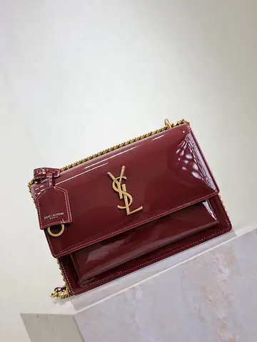 Saint Laurent Sunset Medium Chain Bag in Bordeaux Patent Calfskin