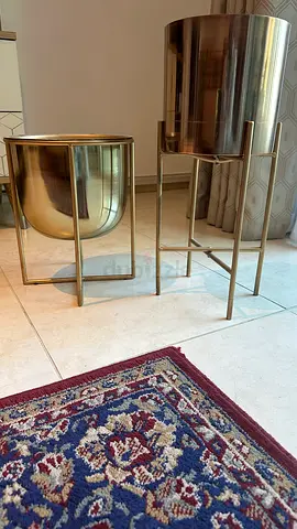Set of 2 Modern Brass Finish Planter Stands - Small  Tall