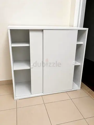 White Sliding Door Cabinet with Open Shelves - Compact Storage Unit