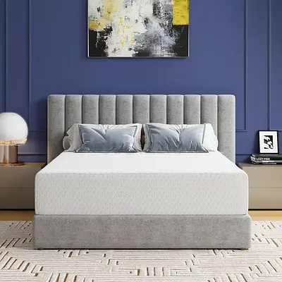 Sleek channel headboard light gray queen bed with mattress