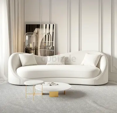 Curved Modern White Fabric Sofa — 3-Seater, Excellent Condition
