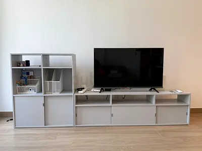 Modern Gray TV Stand and Matching Storage Unit