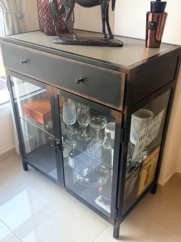 Pottery Barn Flynn Bar Cabinet Glass doors Drawer — Black Metal/Glass Finish