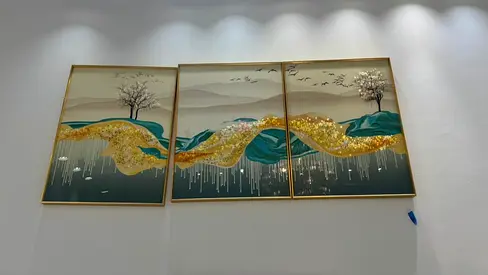 Set of 3 Abstract Gold  Teal Wall Art Panels (Framed)