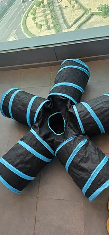 Foldable 5-way Cat Tunnel Toy - Black with Blue Trim 30aed.