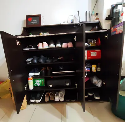 Dark Wood Shoe Cabinet with Multiple Shelves - Good Condition