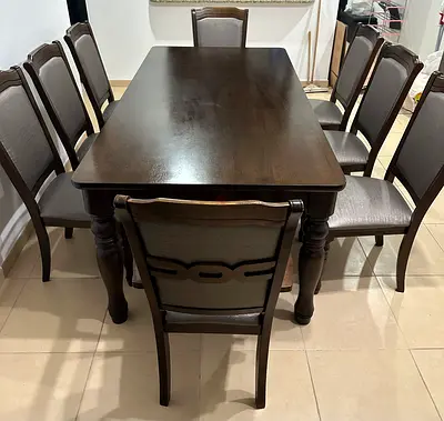 Solid Wood 8-Seater Dining Table with Upholstered Chairs - Dark Brown