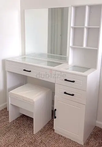 White Dressing Table Vanity with Mirror, Stool and Storage Cabinet