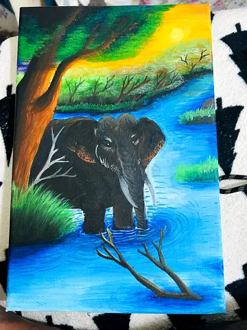 Elephant River Landscape Canvas hand Painting
