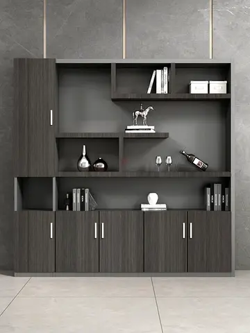 Large Modern Dark Wood Storage Cabinet with Open Shelves and Cupboards