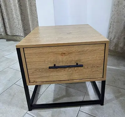 Oak-effect Side Table with Drawer and Black Metal Frame