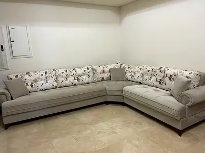 Large L-shaped Corner Sofa with Floral Cushions - Light Beige