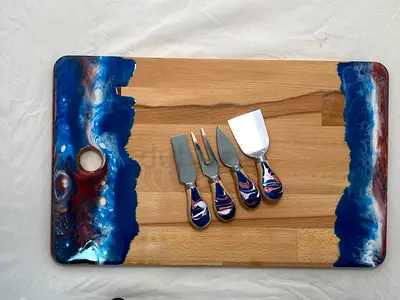 Wood Cutting / Serving Board with Resin Ocean Edges + 4 Cheese Knives