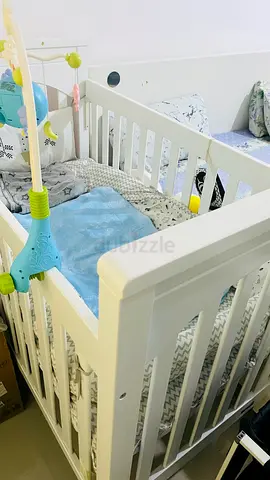 White Wooden Baby Crib with Mattress  - Good Condition