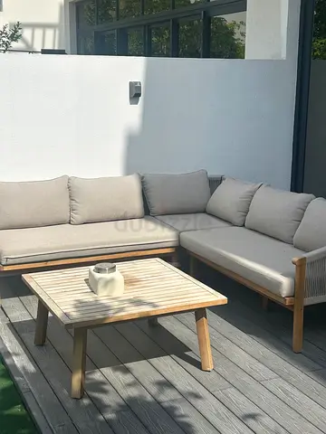 Modern Outdoor L-Shaped Sofa with Wooden Coffee Table, barbecue and umbrella , EVERYTHING 2000