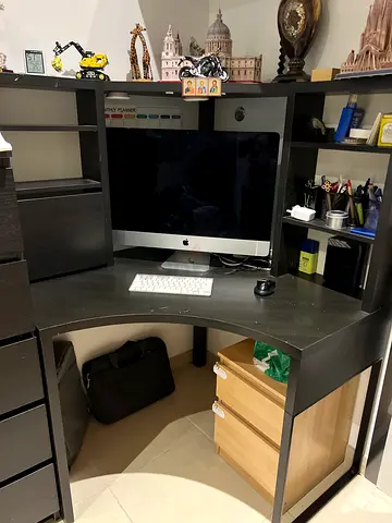 Black Wooden Home Office Desk with Shelves and Gaming Chair