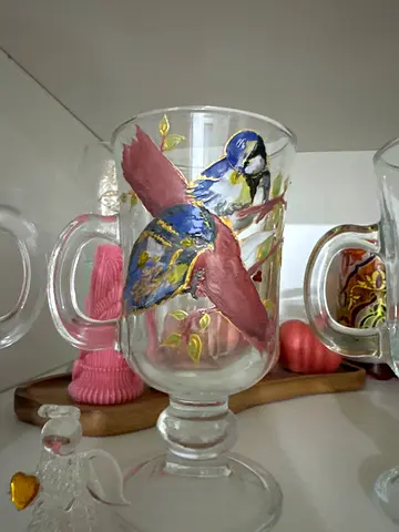 Set of Hand-Painted Glass Mugs with Bird Motif