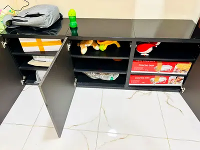 Low Black TV Unit / Storage Cabinet with Shelves - Good Condition